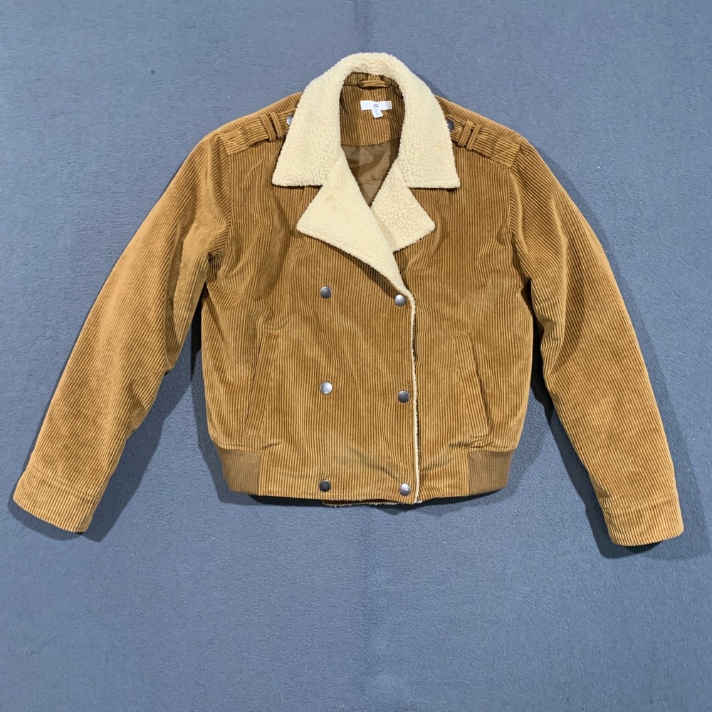 BP Corduroy Jacket Women Medium Tan Faux Shearling Collar Double Breasted Bomber